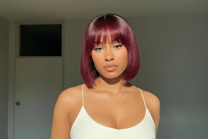 10 Inch #99J Reddish Purple Yaki Straight Bob Wig With Bangs | Layered Cut | 150% Density