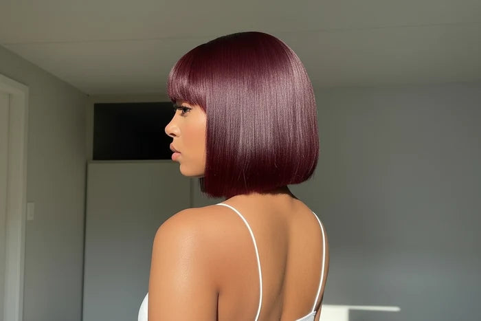 10 Inch #99J Reddish Purple Yaki Straight Bob Wig With Bangs | Layered Cut | 150% Density