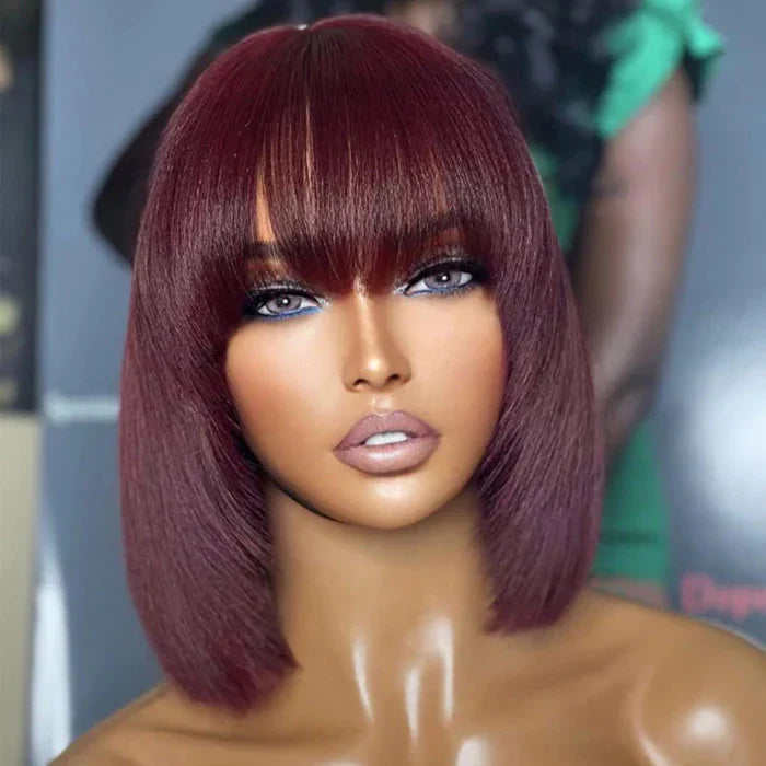 10 Inch #99J Reddish Purple Yaki Straight Bob Wig With Bangs | Layered Cut | 150% Density