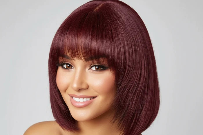 10 Inch #99J Reddish Purple Yaki Straight Bob Wig With Bangs | Layered Cut | 150% Density