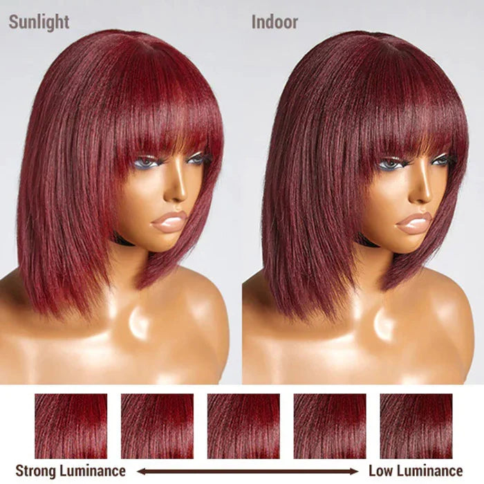 10 Inch #99J Reddish Purple Yaki Straight Bob Wig With Bangs | Layered Cut | 150% Density