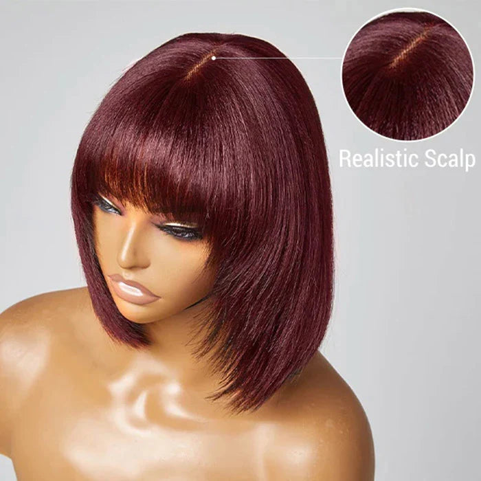 10 Inch #99J Reddish Purple Yaki Straight Bob Wig With Bangs | Layered Cut | 150% Density