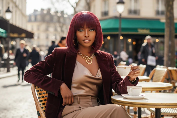 10 Inch #99J Reddish Purple Yaki Straight Bob Wig With Bangs | Layered Cut | 150% Density