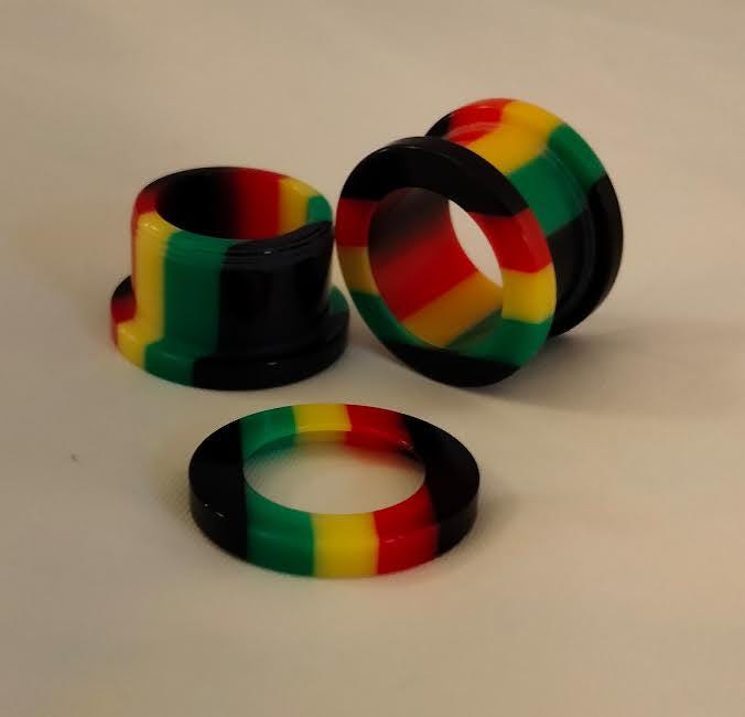 1/2" Rasta Stripe Acrylic Screw Tunnel – Black, Green, Yellow & Red, Sold as Pair