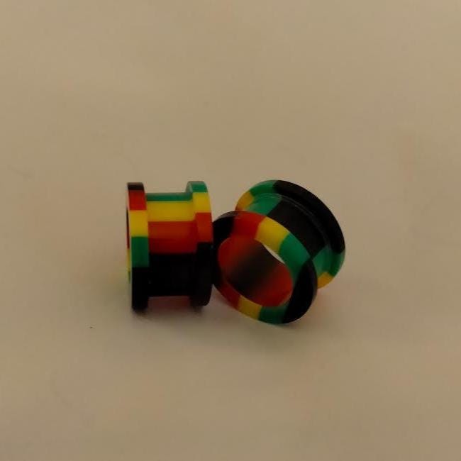 1/2" Rasta Stripe Acrylic Screw Tunnel – Black, Green, Yellow & Red, Sold as Pair