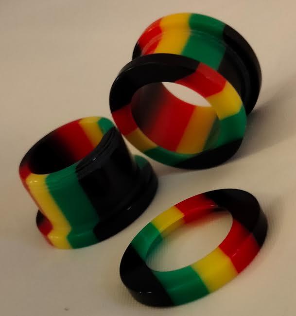 1/2" Rasta Stripe Acrylic Screw Tunnel – Black, Green, Yellow & Red, Sold as Pair