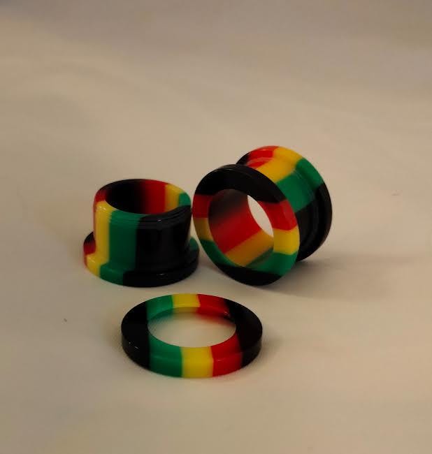 1/2" Rasta Stripe Acrylic Screw Tunnel – Black, Green, Yellow & Red, Sold as Pair