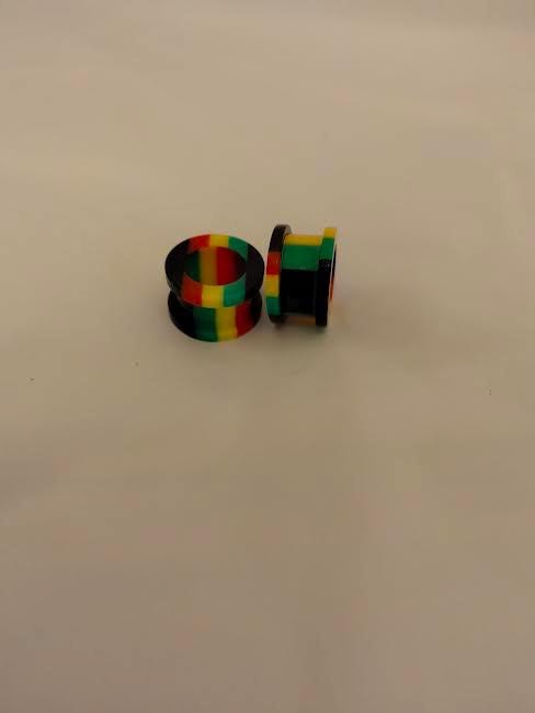 1/2" Rasta Stripe Acrylic Screw Tunnel – Black, Green, Yellow & Red, Sold as Pair