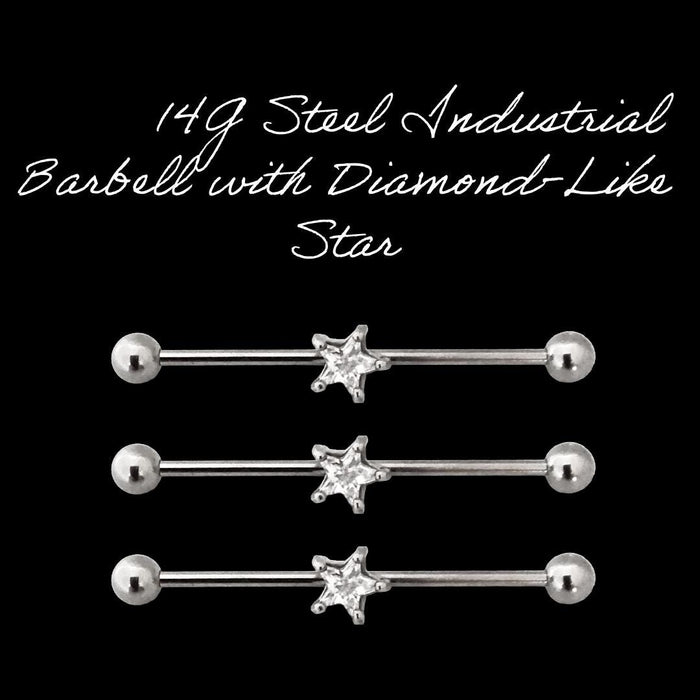 14G Star Industrial Barbell – Surgical Steel, Diamond-Like 5/16" Star Stone