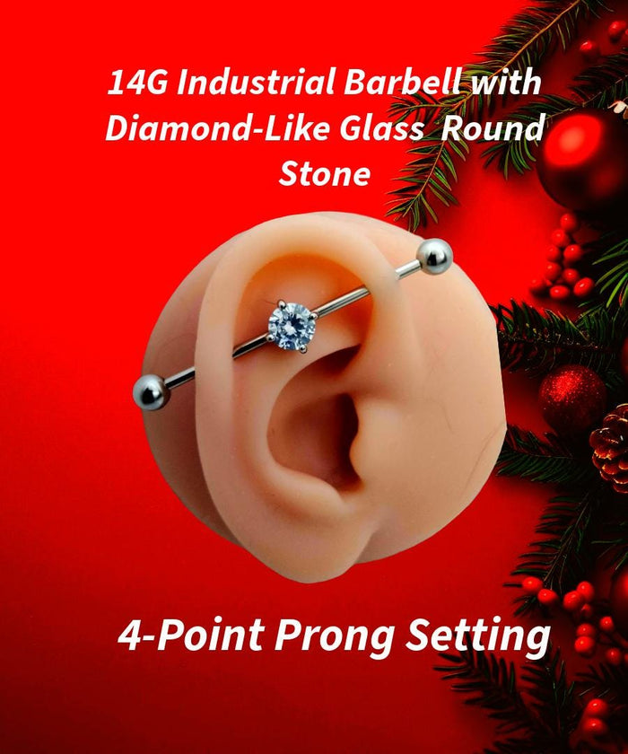 14G Surgical Steel Industrial Barbell – Round Diamond-Like 5/16" Stone 1-1/2" Length