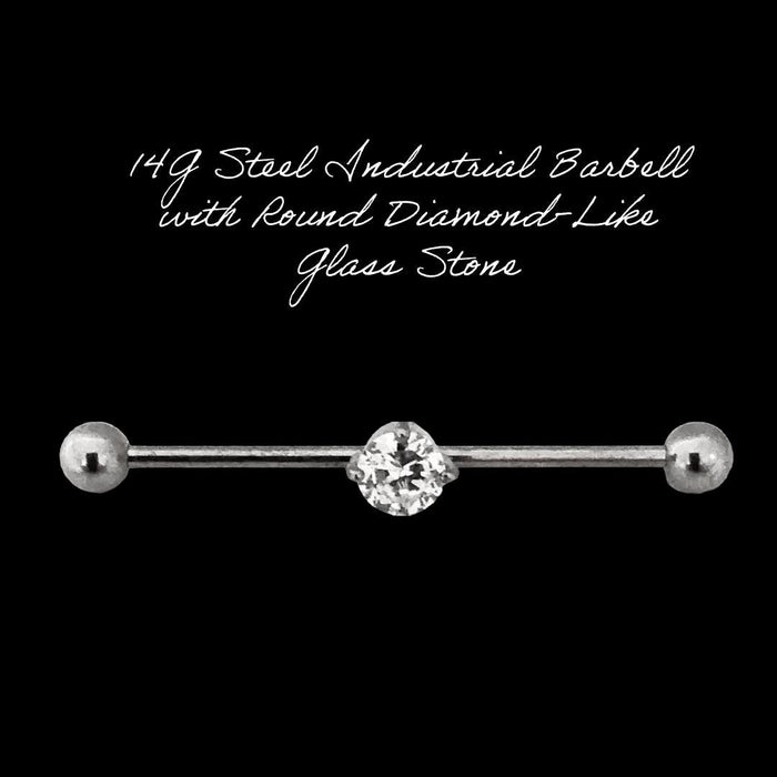14G Surgical Steel Industrial Barbell – Round Diamond-Like 5/16" Stone 1-1/2" Length
