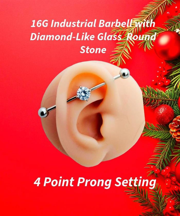 14G Surgical Steel Industrial Barbell – Round Diamond-Like 5/16" Stone 1-1/2" Length