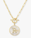 18K Gold Plated "R" Love Letters Medallion Necklace in MOP & White CZ by Melinda Maria