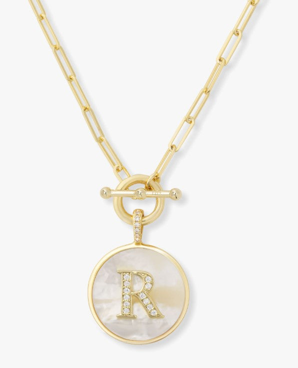 18K Gold Plated "R" Love Letters Medallion Necklace in MOP & White CZ by Melinda Maria