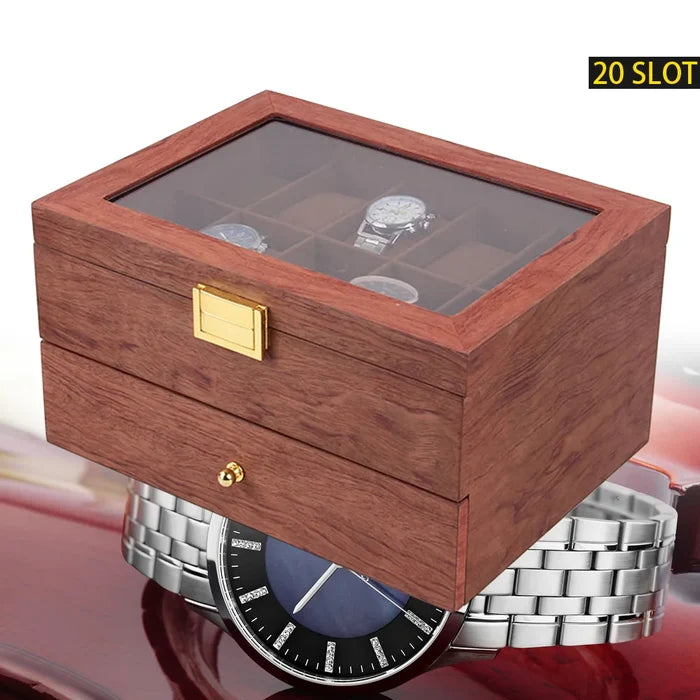 20 Slots Wooden Organizer Jewelry & Watches Display Case Storage Box with Drawer