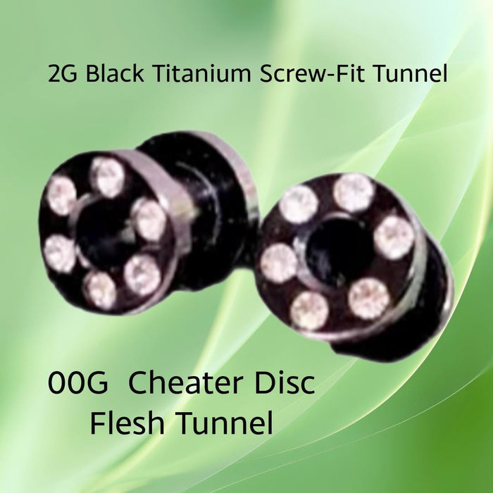 2G Anodized Titanium Black Ear Screw Style Tunnel with Clear Rhinestone: Cheater Body Jewelry