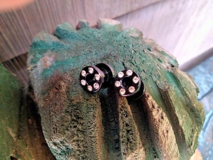 2G Anodized Titanium Black Ear Screw Style Tunnel with Clear Rhinestone: Cheater Body Jewelry