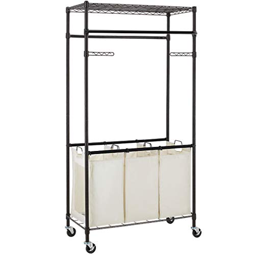 3 Compartment Laundry Sorter Hamper Heavy Duty Clothes Rack Hanging Rolling Laundry Cart with Wheels Rod Garment Rack Double Metal Height Adjustable Shelves Commercial Grade for Laundry room,Bronze