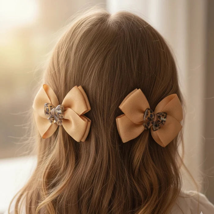 4-Piece Leopard Print & Rhinestone Hair Bow Set – Grosgrain Ribbon Alligator Clips (HCM-10214BG)