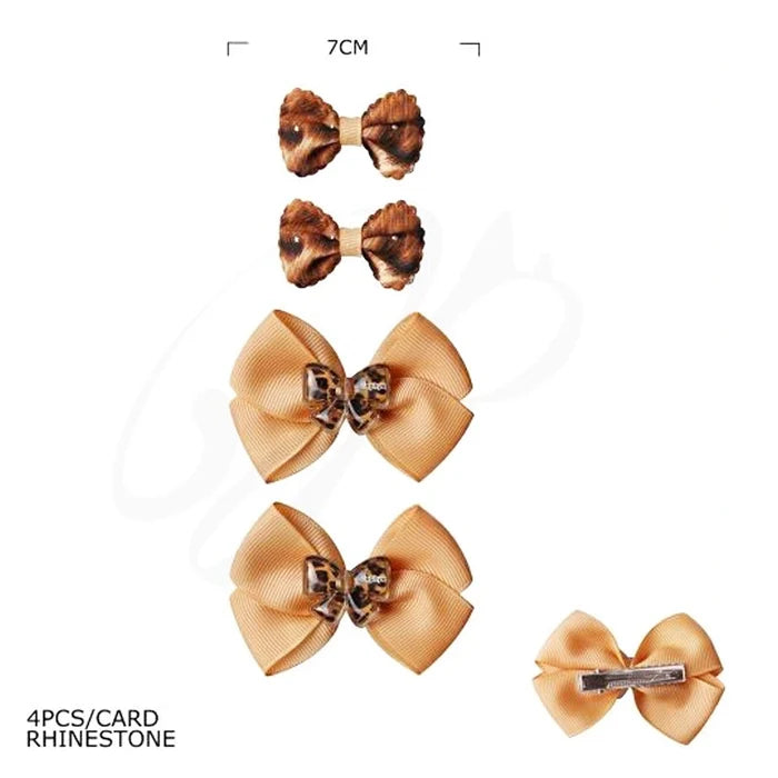 4-Piece Leopard Print & Rhinestone Hair Bow Set – Grosgrain Ribbon Alligator Clips (HCM-10214BG)
