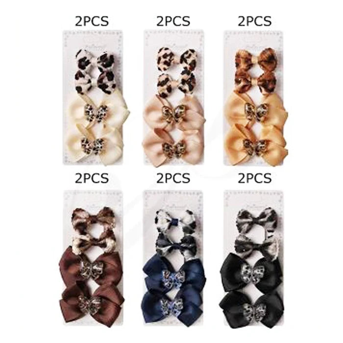 4-Piece Leopard Print & Rhinestone Hair Bow Set – Grosgrain Ribbon Alligator Clips (HCM-10214BG)