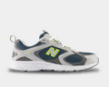 New Balance 408 running shoes in navy blue mesh with gray and white leather overlays, lime green accents, and white sole, side view.