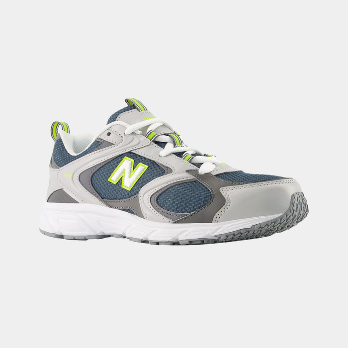New Balance 408 running shoes in gray, navy blue, and neon green with a mesh upper and synthetic overlays, side angle view.