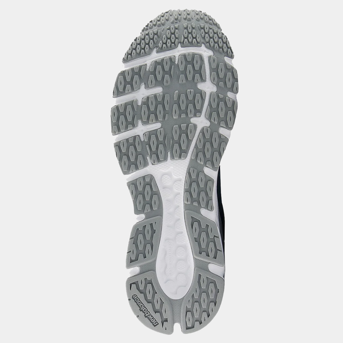 New Balance 408 running shoes outsole view showing gray and white rubber tread pattern with durable traction design.