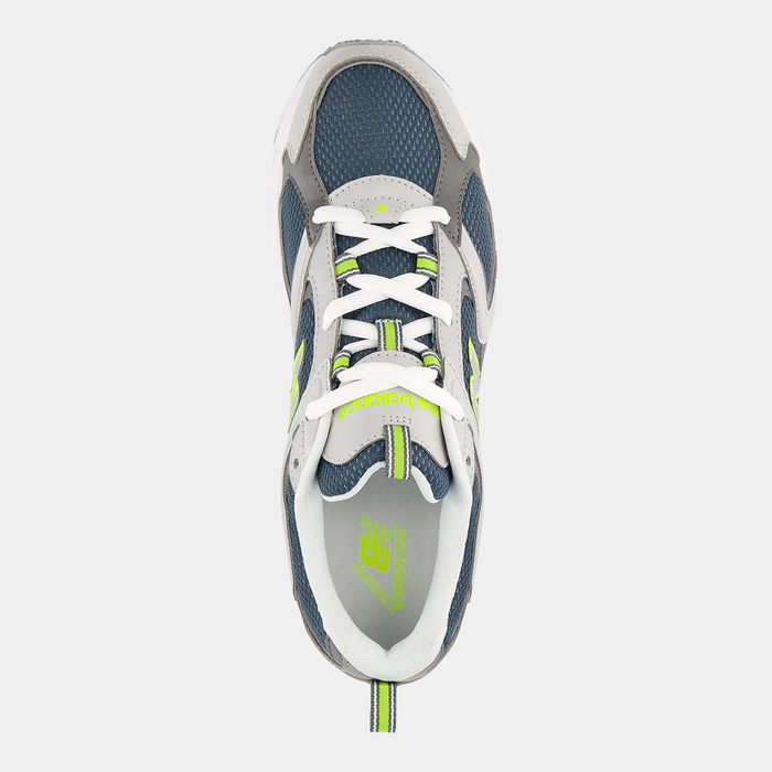 New Balance 408 running shoes top view with white laces, navy mesh upper, gray overlays, and neon green accents.