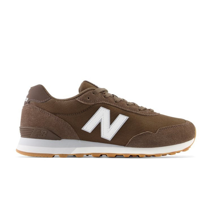 New Balance 515 v3 sneakers in brown with suede and mesh upper, white midsole, gum outsole, and side logo, side profile view.