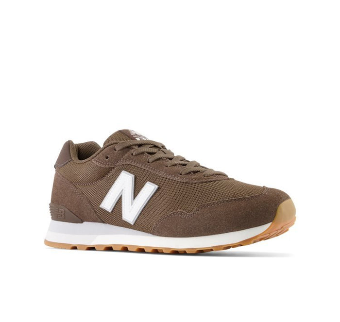 New Balance 515 v3 sneakers in brown with mesh upper, suede overlays, white midsole, gum outsole, and white "N" logo, side view.