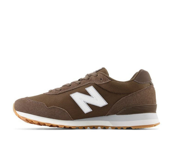 New Balance 515 v3 sneakers in brown suede and mesh with white side logo and gum outsole, side view.