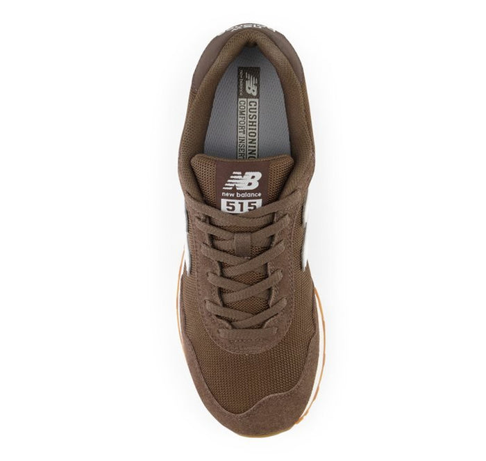 New Balance 515 v3 sneakers top view in brown mesh and suede with cushioned comfort insert and lace-up design.