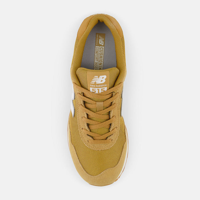 New Balance 515 v3 casual shoes in mustard yellow with mesh upper and suede overlays, top view showing laces and interior label.