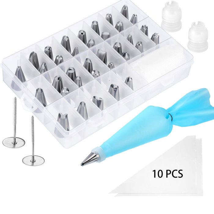 52 Pieces Cake Decorating Supplies kits, 36 Icing Piping Tips, 1 Silicone Pastry Bags, 10 Disposable Pastry Bags,2 Flower Nails, 2 Reusable Plastic Couplers and a Storage Case