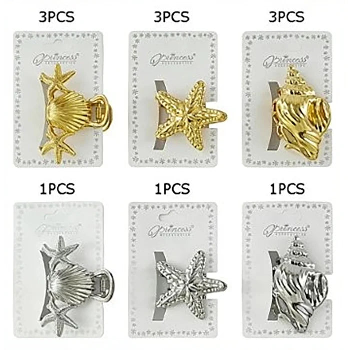 6.5cm Metallic Ocean Theme Claw Clip – Gold & Silver Seashell and Starfish Hair Jaw Clip for Women and Girls (JCM-10243GS)