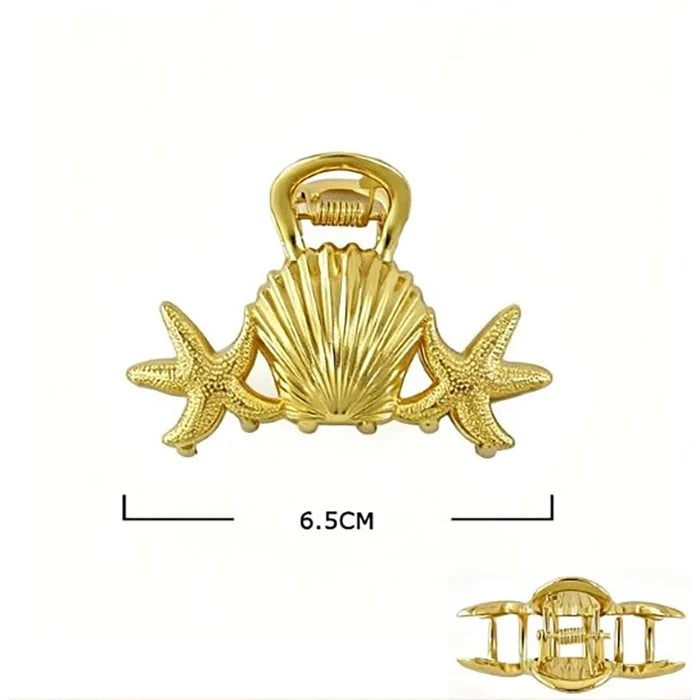 6.5cm Metallic Ocean Theme Claw Clip – Gold & Silver Seashell and Starfish Hair Jaw Clip for Women and Girls (JCM-10243GS)