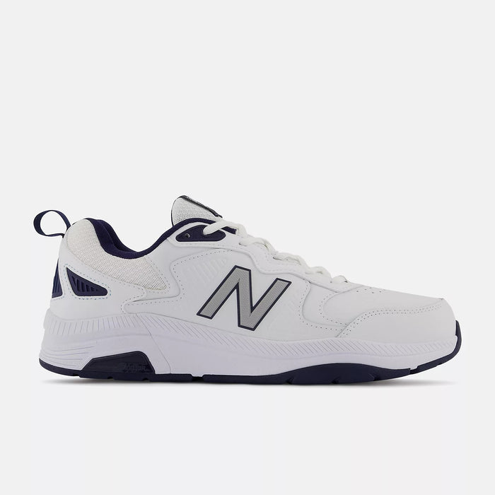 New Balance 857v3 training shoes in white with navy accents, synthetic upper and durable outsole, side view.