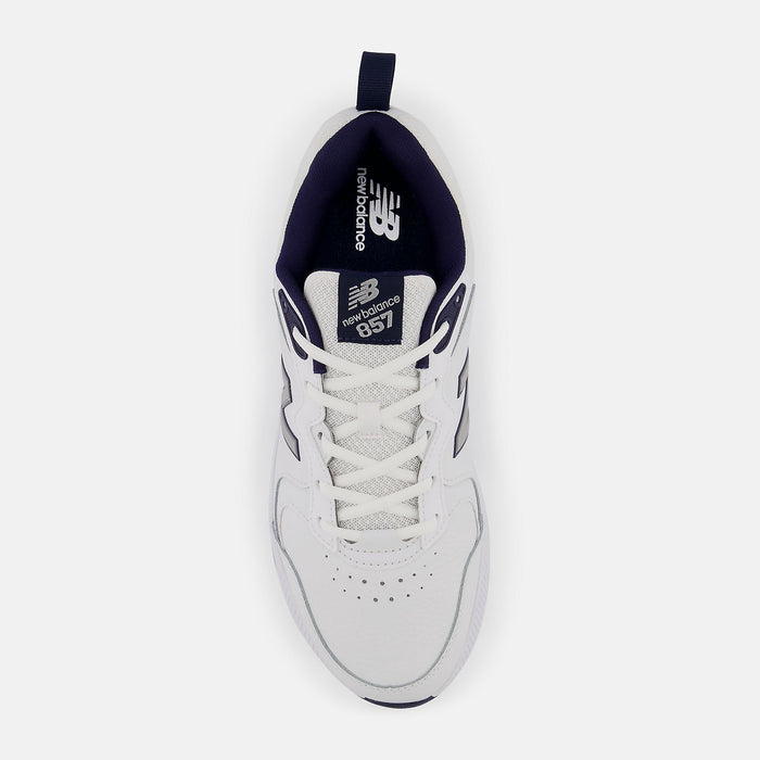 New Balance 857v3 training shoes in white with navy accents, perforated leather upper, lace closure, top view