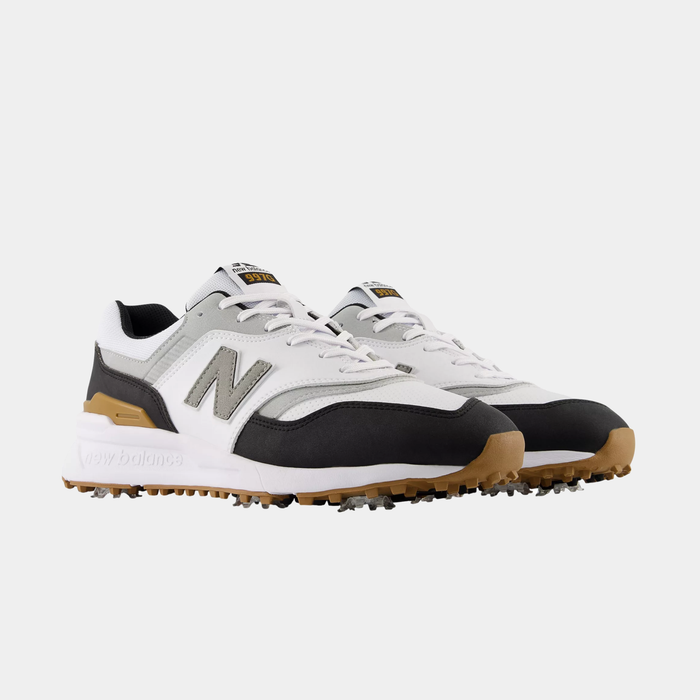 New Balance Golf 997 Golf shoes in white, gray, and black with gum sole and spiked outsole for traction, front angle view.