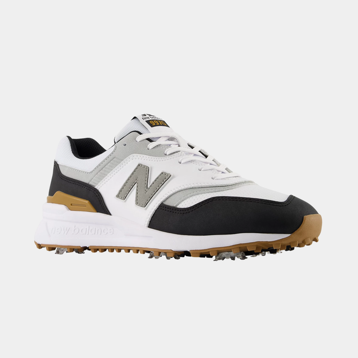 New Balance Golf 997 Golf shoes in white, gray, and black with gum outsole and spiked bottom for traction, side angle view.