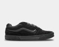 Vans Caldrone skate shoes in black with suede and mesh upper, tonal leather side stripe, and rubber outsole, side view.