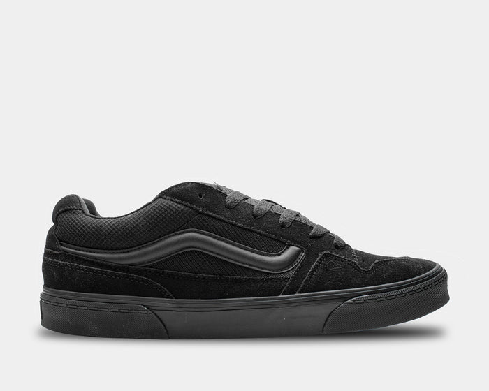 Vans Caldrone skate shoes in black with suede and mesh upper, tonal leather side stripe, and rubber outsole, side view.