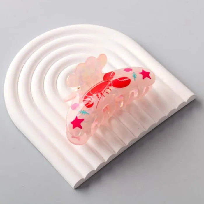 Acrylic Lobster Scalloped Claw Clip – Pink & Red Marine Life Hair Accessory (HCE1276)