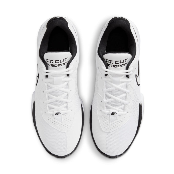 Nike Air Zoom G.T. Cut Academy basketball shoes in white with black detailing, mesh upper, and lace system, top view.
