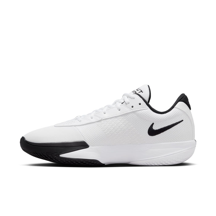 Nike Air Zoom G.T. Cut Academy basketball shoes in white with black Swoosh logo, mesh upper, and cushioned midsole, side view.