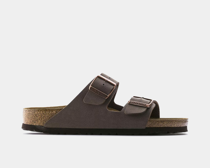 Birkenstock Arizona Birko-Flor® Nubuck sandals in mocha brown with dual adjustable straps and copper buckles, side view.