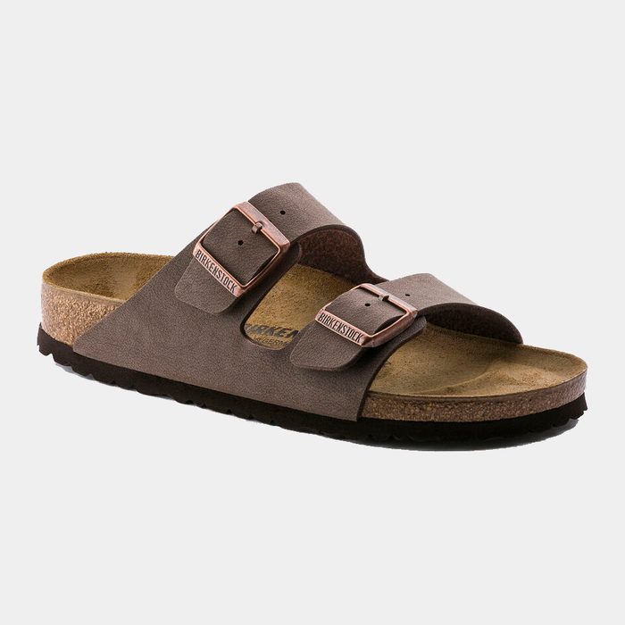 Birkenstock Arizona Birko-Flor® Nubuck sandals in brown with dual adjustable straps and copper buckles, side angle.