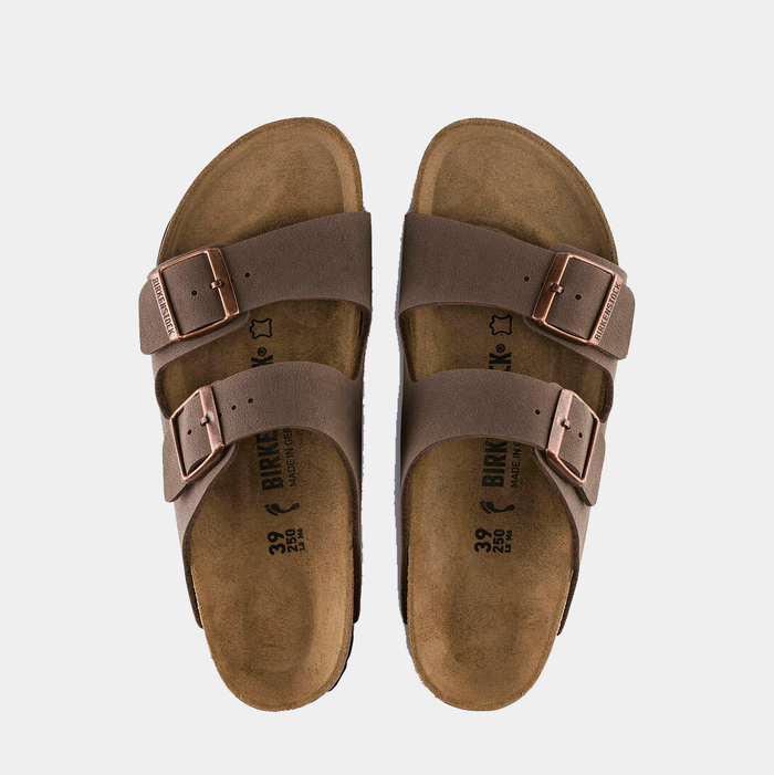 Birkenstock Arizona Birko-Flor® Nubuck sandals in mocha brown with dual adjustable straps and copper buckles, top view.