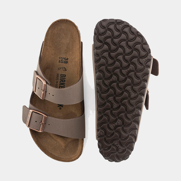 Birkenstock Arizona Birko-Flor® Nubuck sandals in taupe with adjustable strap buckles, top and sole view showing cork footbed and textured outsole.